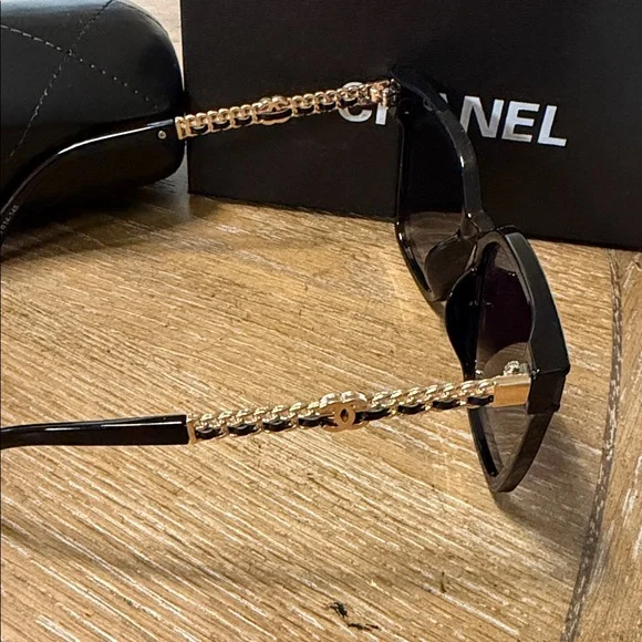 Chanel Black & Gold Leather Sunglasses - Picture 10 of 10